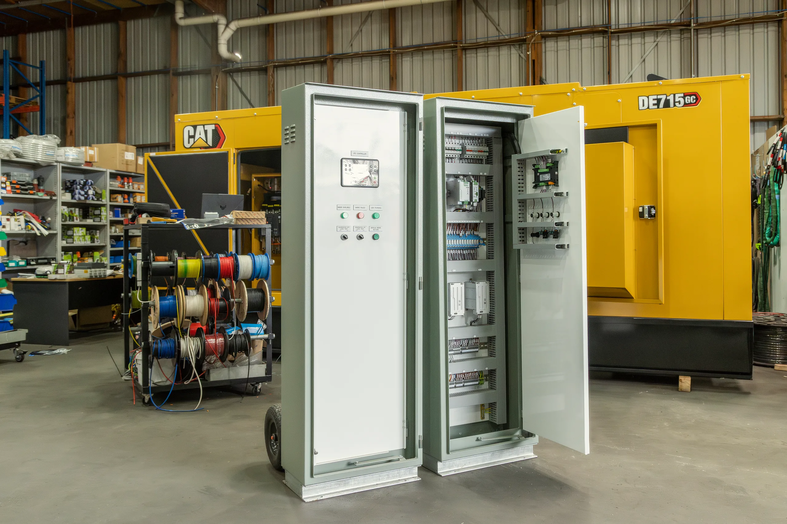 Electrical switchboard panels with doors open