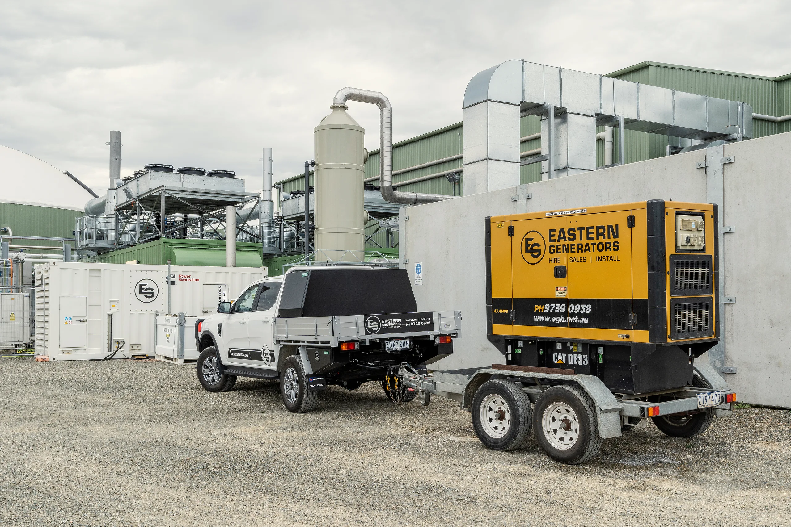 An Eastern Generators ute towing a generator trailer