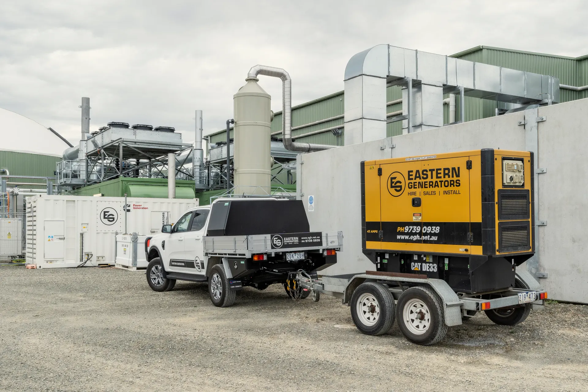 An Eastern Generators ute towing a generator trailer