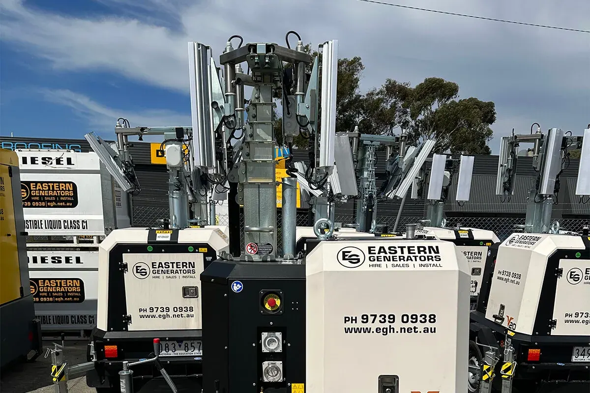 Eastern Generators lighting towers lined up ready for dispatch