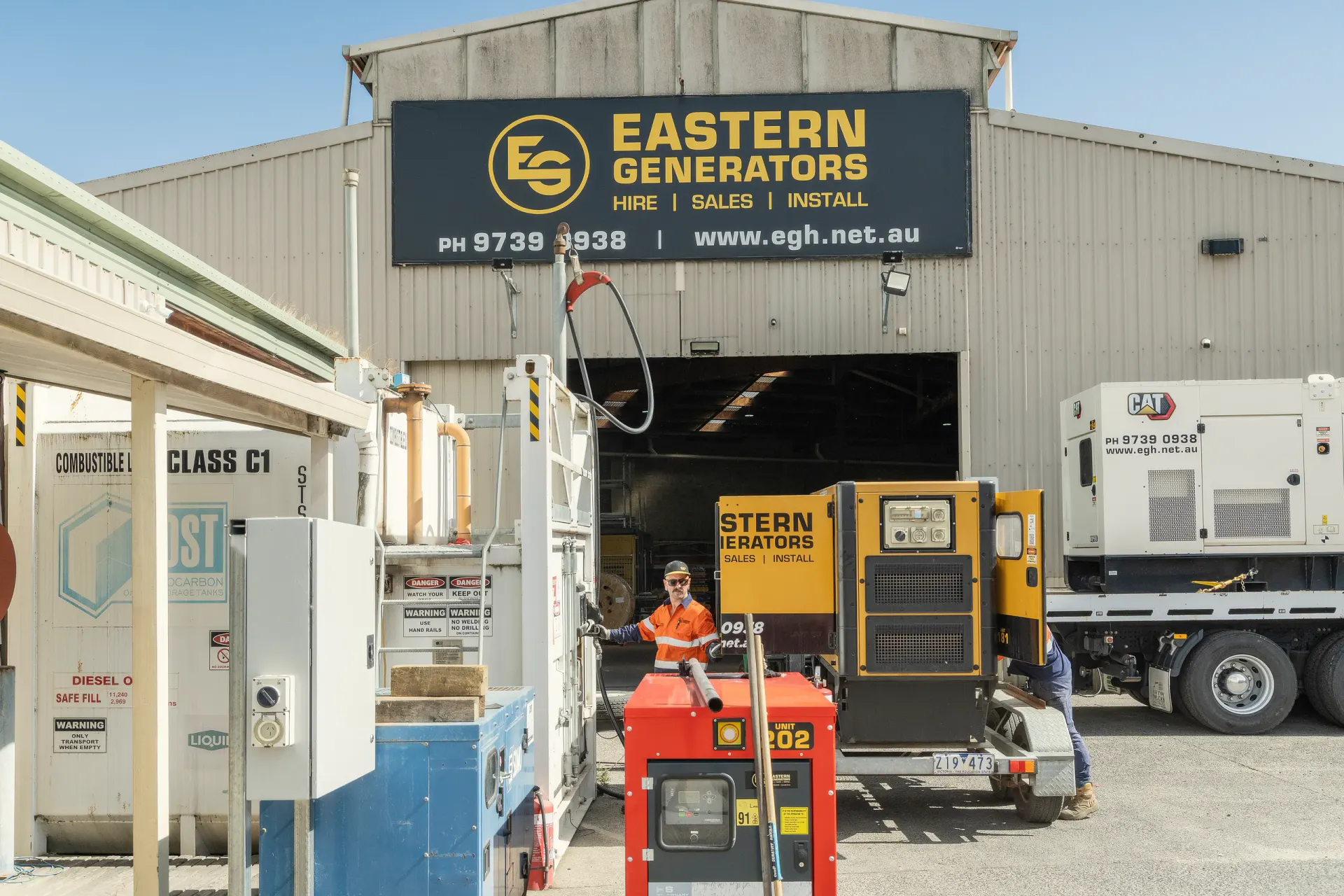 An Eastern Generators hire set being moved out of the Kilsyth depot by forklift