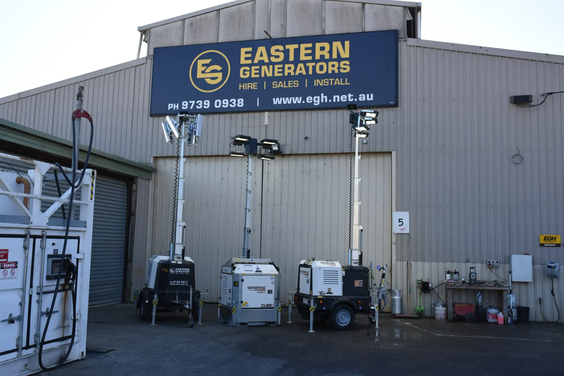 Super-silent canopied generators in the Eastern Generators warehouse